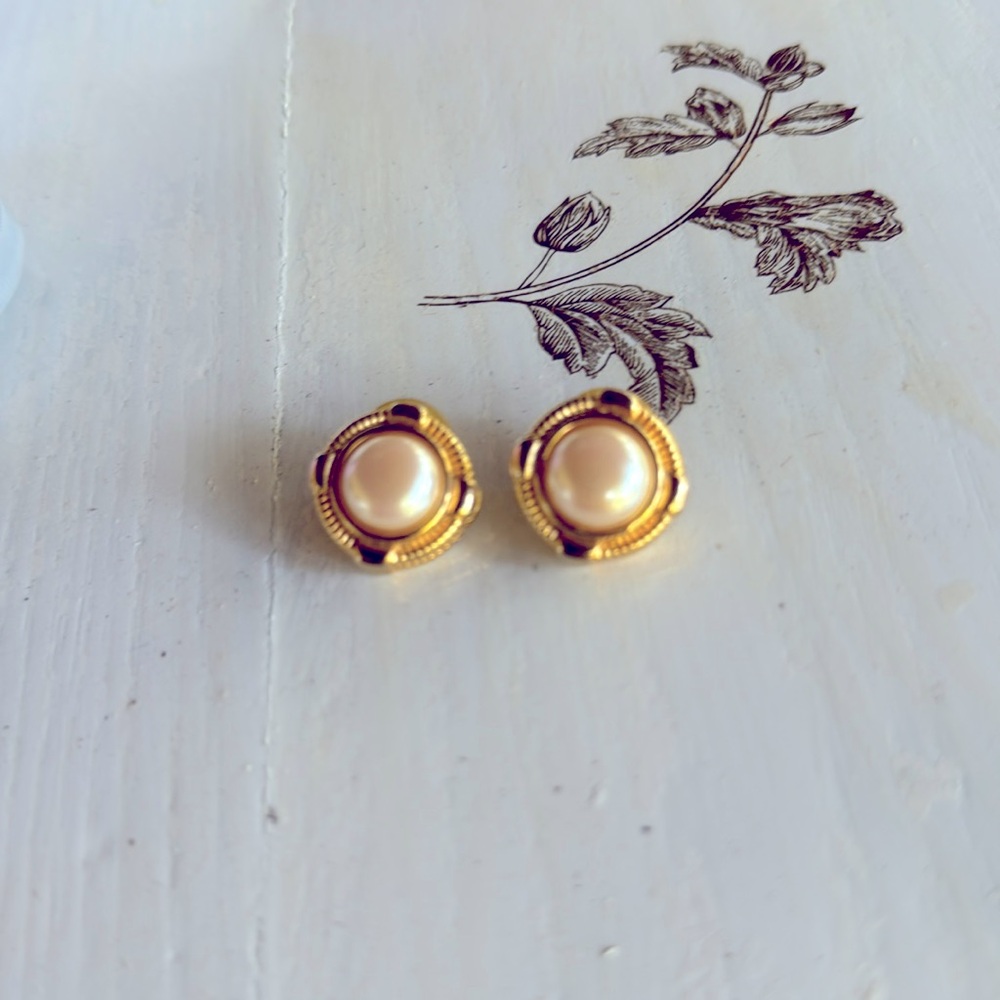 Vintage Givenchy cabochon faux pearl pierced gold tone earrings